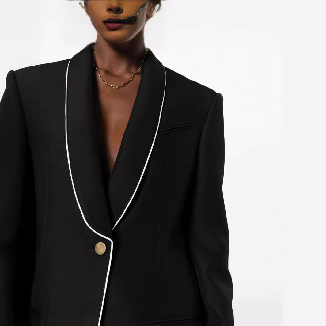 Women Oversize Blazer in Tuxedo Style with Contrasting Piping and Single Button Front Mune Fashion