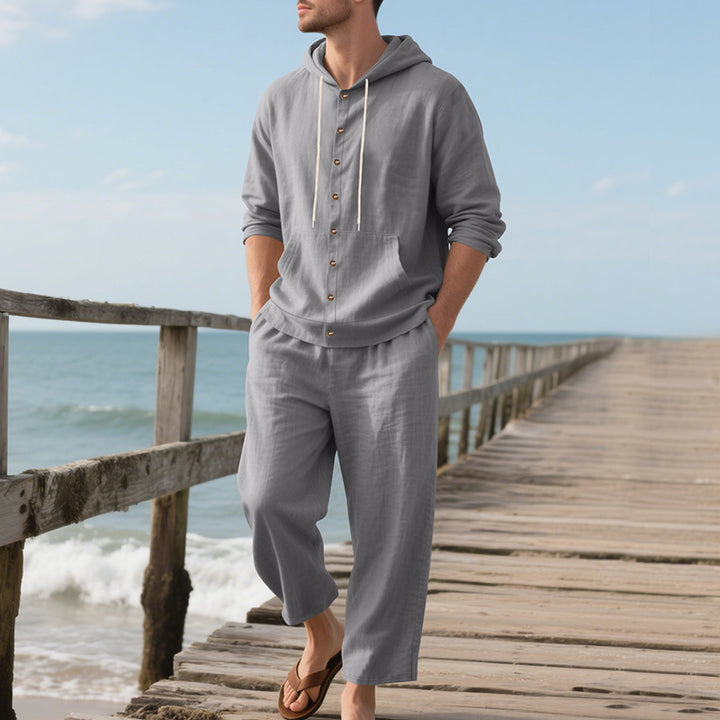 Men's casual beach ensemble made of lightweight linen blend with hooded henley and elastic waistband pants Mune Fashion