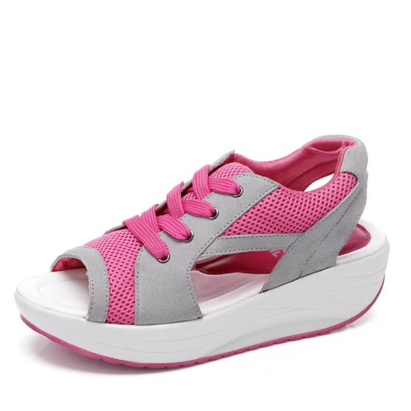 Women's Sporty Wedge Sandals with Breathable Mesh, Open Toes and Lacing Mune Fashion