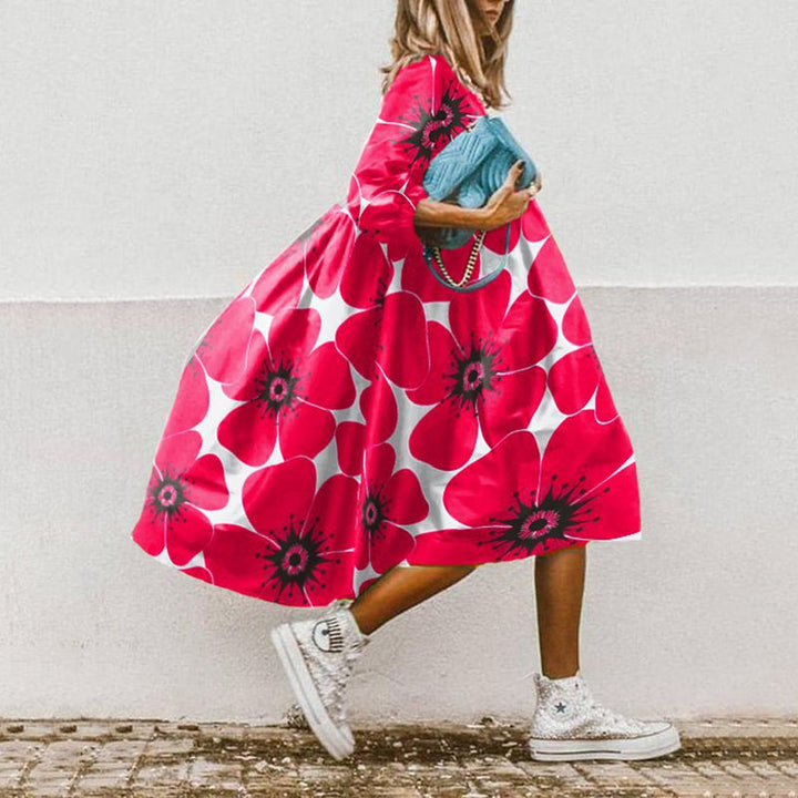 Ladies nan lightweight cotton swing dress with large floral print, 3/4 balloon sleeves and gathered waist Mune Fashion