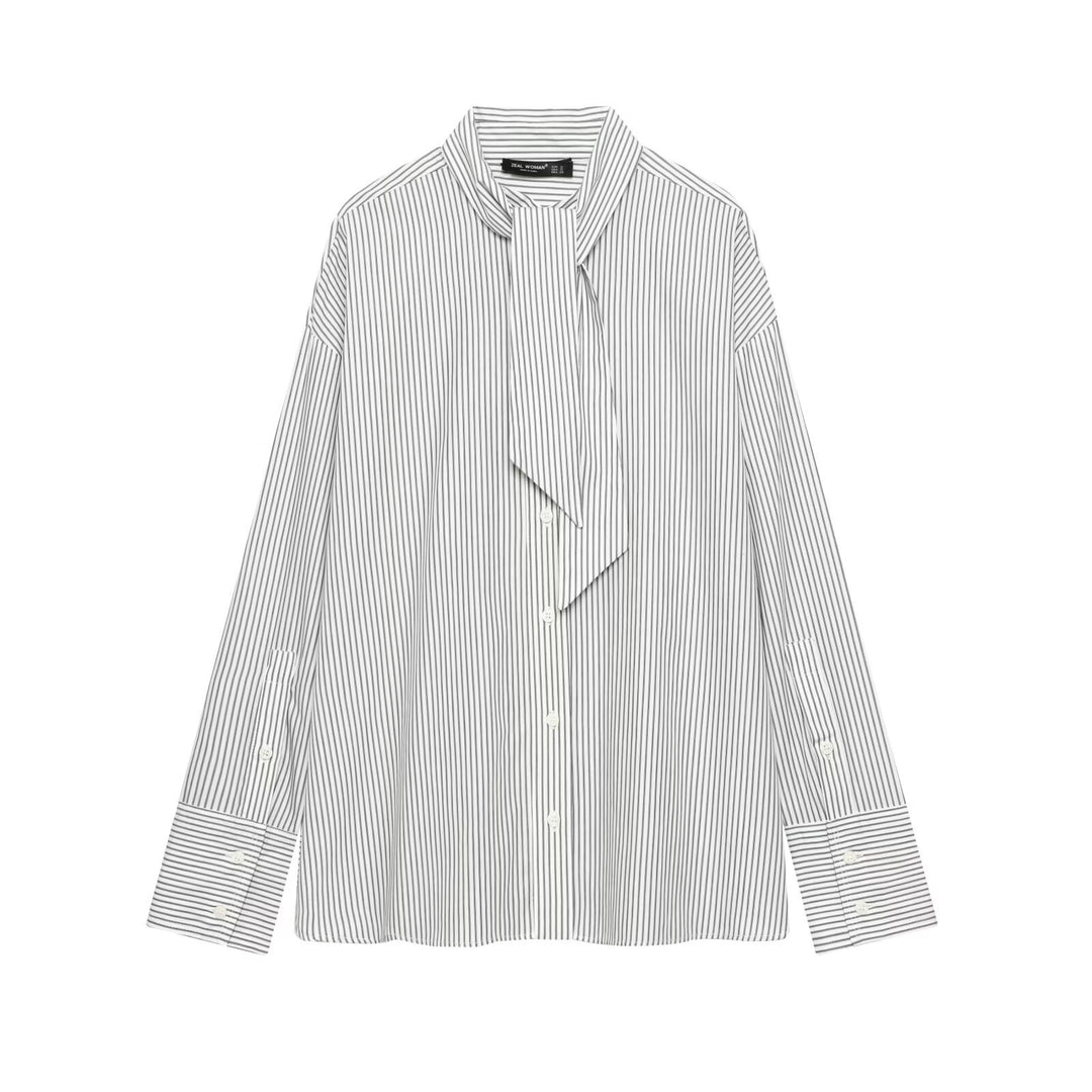 Ladies Oversize Shirt Blouse with Tie and Pinstripes Mune Fashion