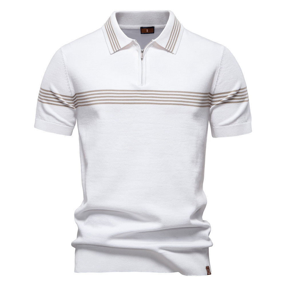 Men's noble fine-knit polo shirt with short metal zipper, cuffed sleeves, and contrasting striped bands Mune Fashion
