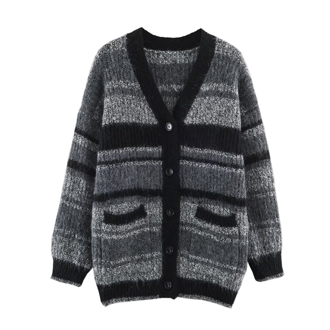 Women's Oversized Knit Cardigan with V-Neck, Striped Pattern and Patch Pockets Mune Fashion
