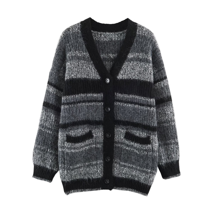 Women's Oversized Knit Cardigan with V-Neck, Striped Pattern and Patch Pockets Mune Fashion