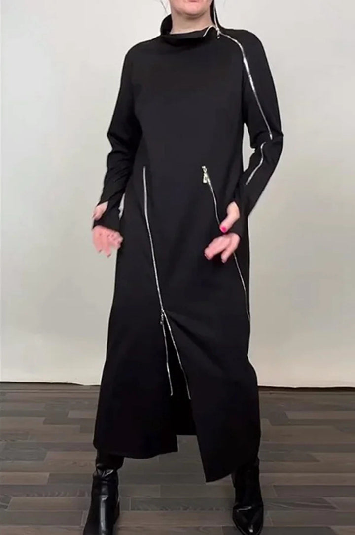 Women's Long Knit Dress with Asymmetric Metal Zippers and Front Slit Mune Fashion