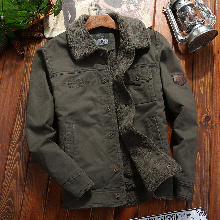 Men's robust canvas work jacket with complete Sherpa lining, concealed snap button placket, and functional chest and side pockets Mune Fashion