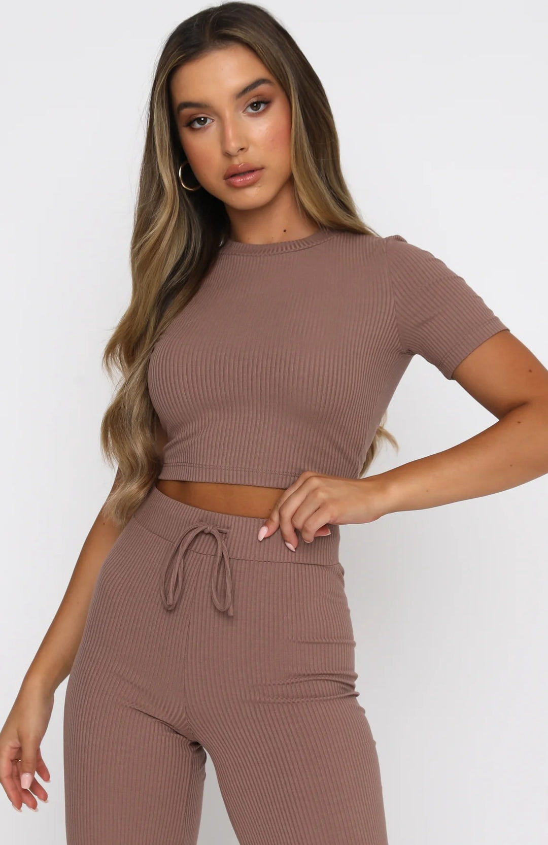 Women's Ribbed Crop Set made of Stretch Jersey with High-Waisted Drawstring Pants Mune Fashion