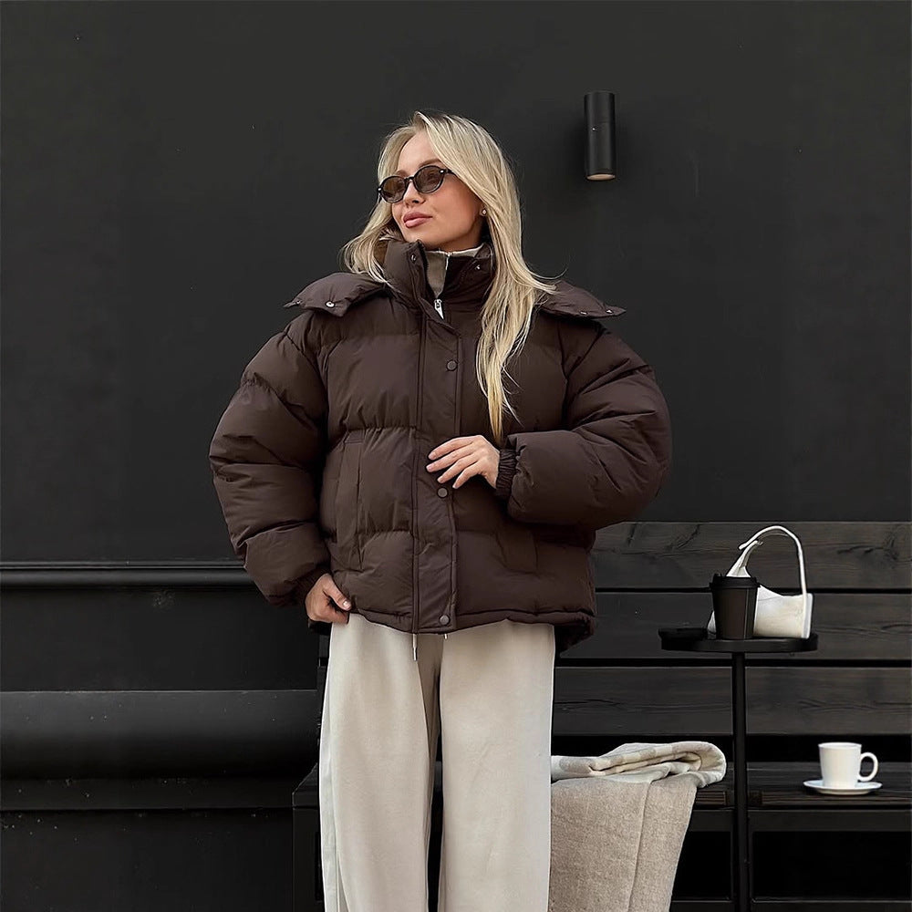 Women's short-cut oversized quilted jacket with high stand-up collar and concealed snap button placket Mune Fashion