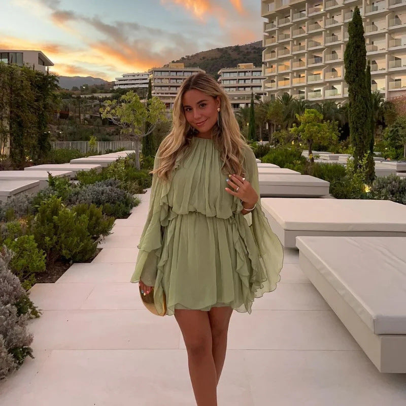 Women 70+ Ruffled Chiffon Mini Dress with High Neck, Waist Elastic and Wide Bell Sleeves Mune Fashion
