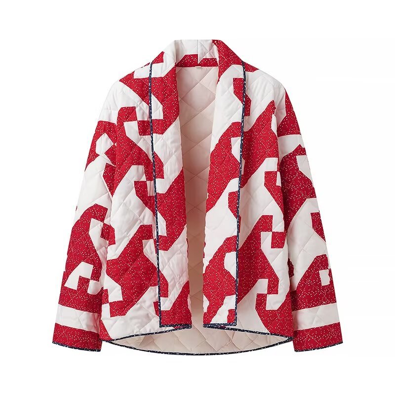 Women's quilted boxy kimono jacket with abstract all-over print and open front Mune Fashion