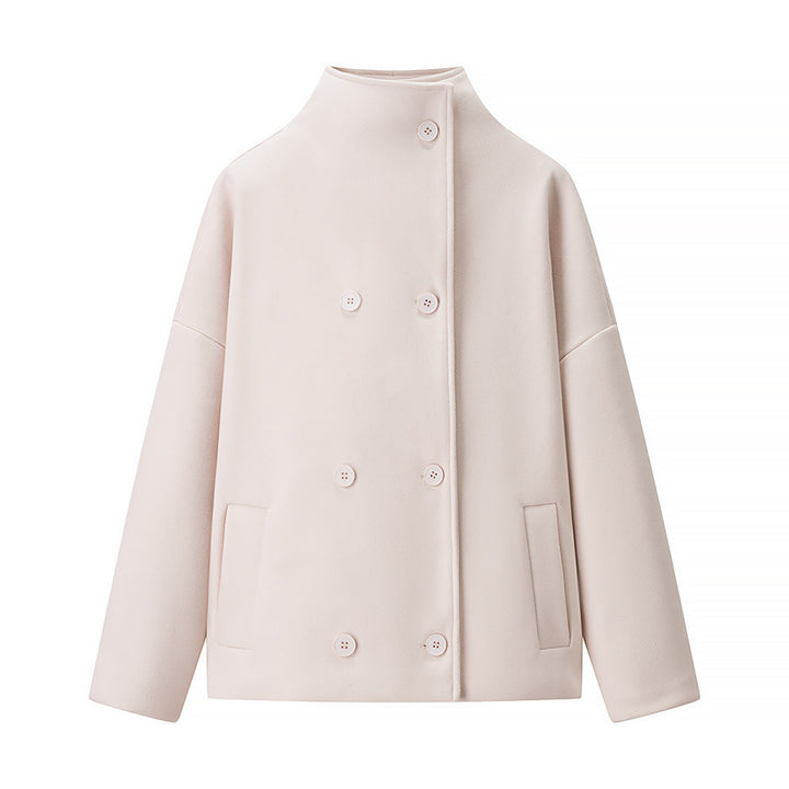 Women's Boxy Wool Blend Caban Jacket with Stand Collar and Dropped Shoulders Mune Fashion
