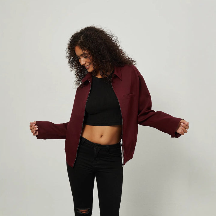 Women's Boxy Overshirt Jacket with Metal Zipper and Shirt Collar Mune Fashion