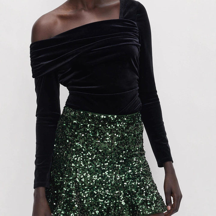 Women's sequin mini skirt with tailored silhouette & light A-line cut Mune Fashion