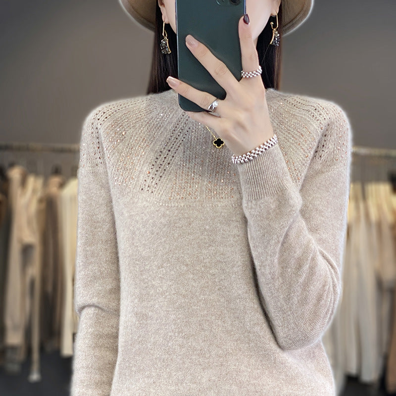 Ladies Soft Cashmere-Look Fine Knit Sweater with Ajour-Yoke and Sequin Trim Mune Fashion