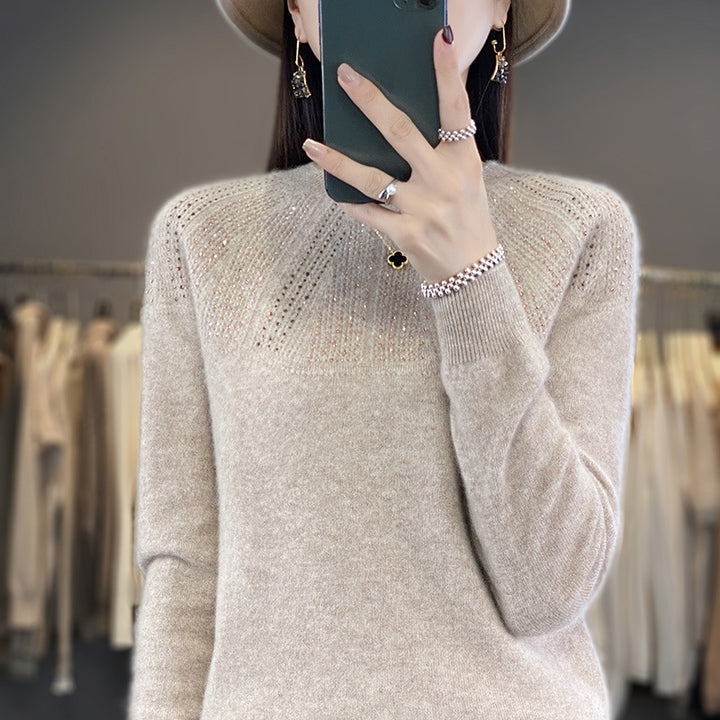 Ladies Soft Cashmere-Look Fine Knit Sweater with Ajour-Yoke and Sequin Trim Mune Fashion