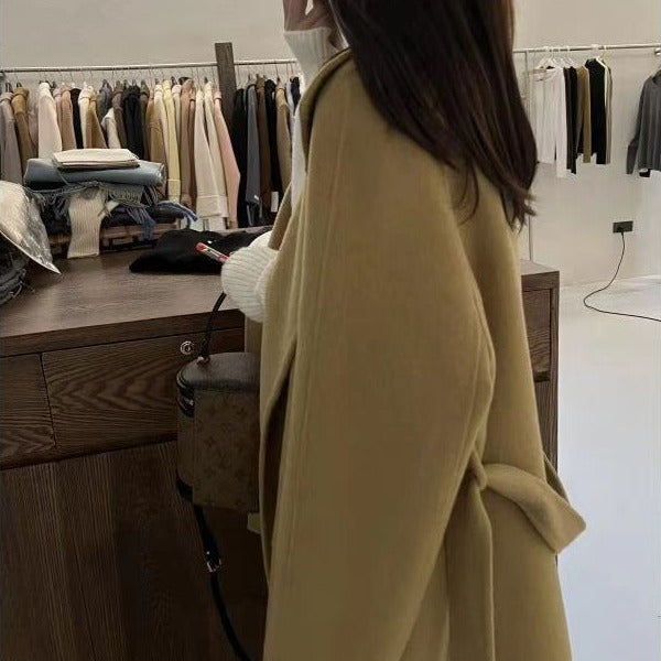Ladies Short Wrap Coat made of Wool Mix with Ties and Wide Lapels Mune Fashion