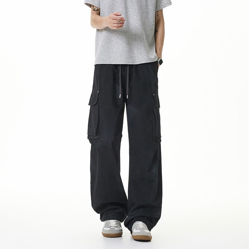 Damen Weite Cargo-Hose im Baggy-Stil mit Tunnelzugbund, Multifachtaschen und Used-Waschung Mune Fashion