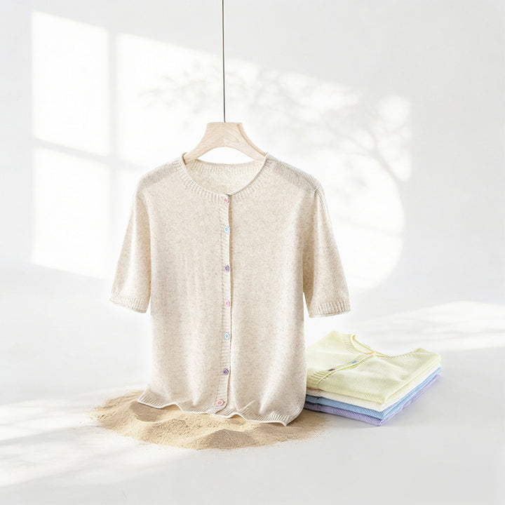 Women's Short Sleeve Fine Knit Cardigan with Round Neckline & Fine Button Placket Mune Fashion