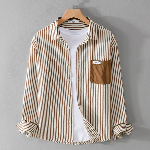 Men Striped Long Sleeve Overshirt made of Cotton Blend with Contrasted Chest Pocket Mune Fashion
