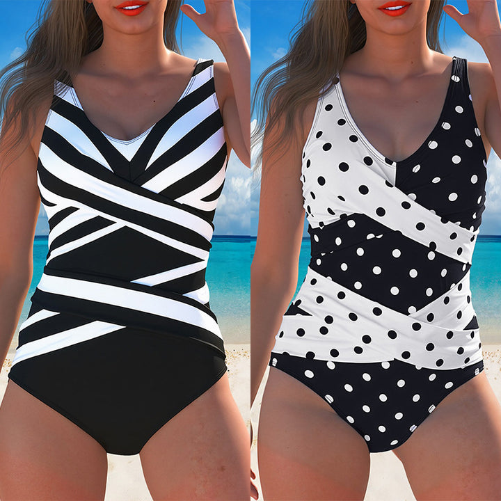Women One-Piece Swimsuit with Smooth Ribbed Material and Modern Dots Mune Fashion