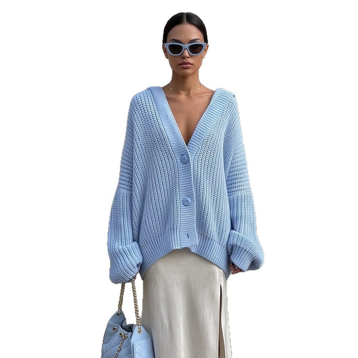 Women's Oversized Hooded Knit Cardigan with Balloon Sleeves and Button Placket Mune Fashion