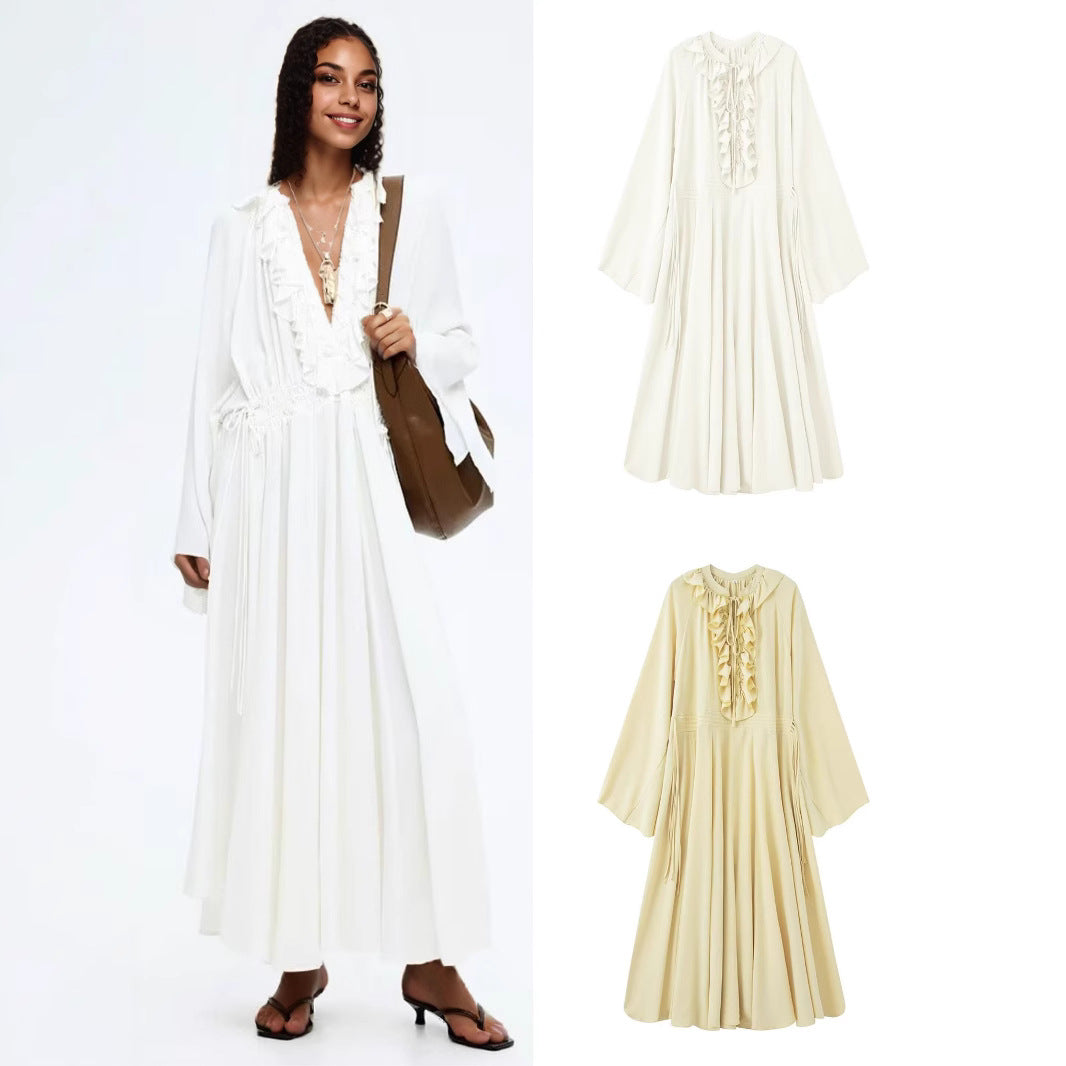 Women's maxi dress with ruffles, tie collars and wide bell sleeves Mune Fashion