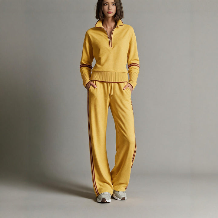 Women's Comfortable Knit Jogging Set with Stand-Up Collar, Half Zipper and Contrast Stripes Mune Fashion