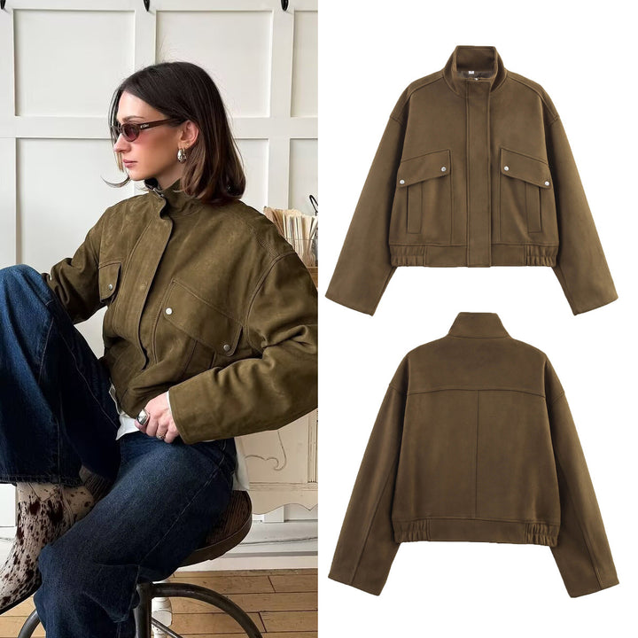 Women's Short-cut Velour-look Bomber Jacket with Stand-up Collar and Flap Pockets Mune Fashion