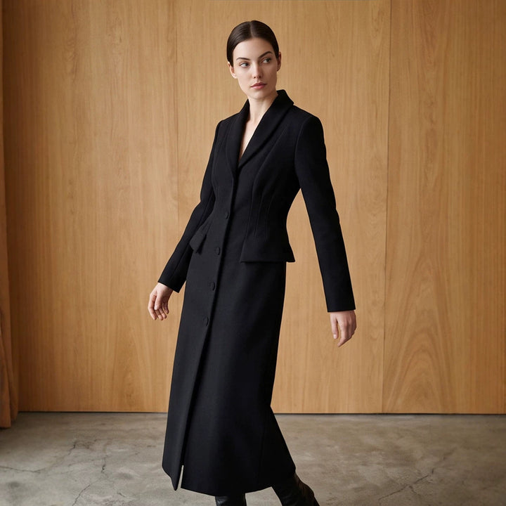 Women Tailored Long Coat with Shawl Collar and Shaping Dart Mune Fashion