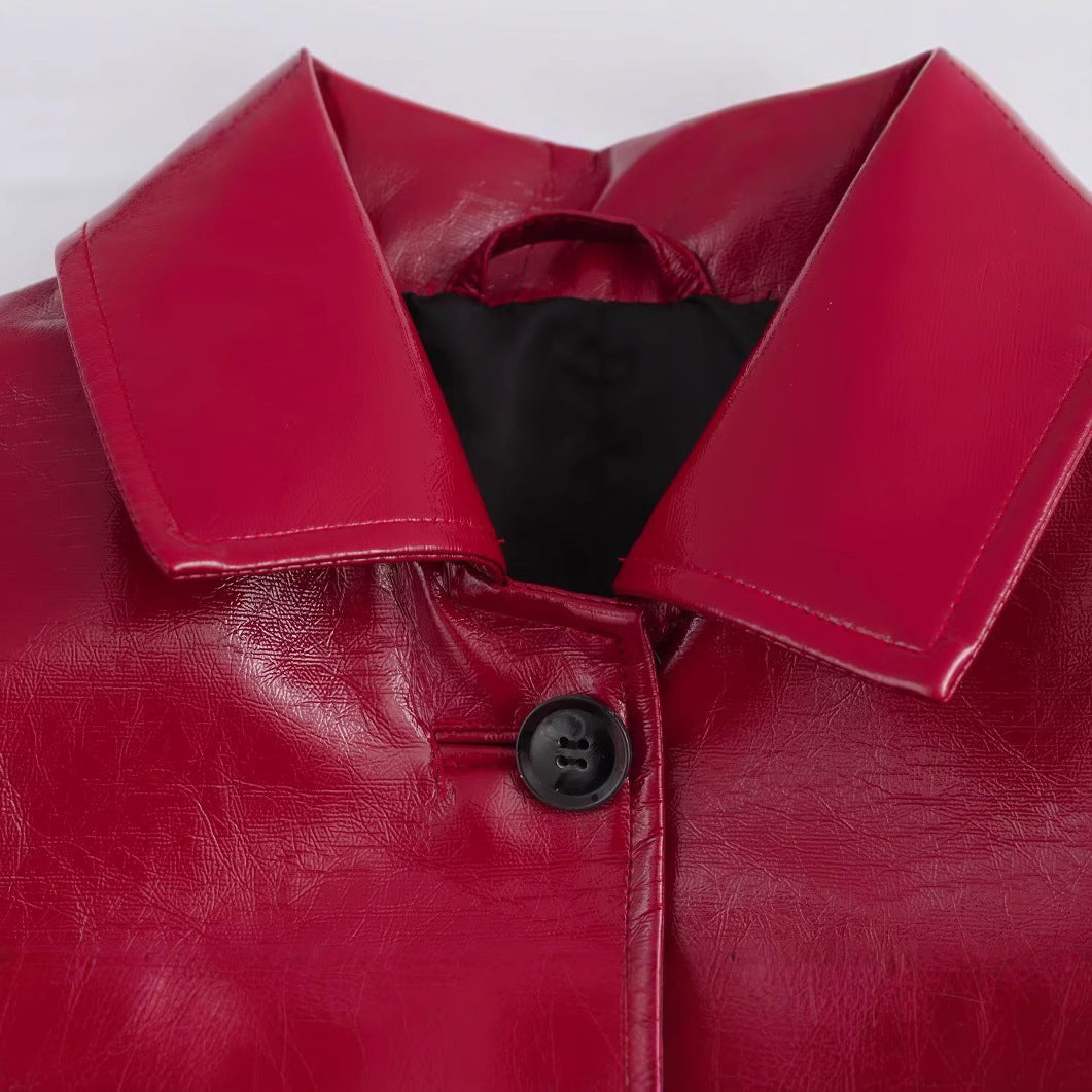 Women's Shiny Faux Leather Blouse Jacket in Boxy Cut with Shirt Collar Mune Fashion