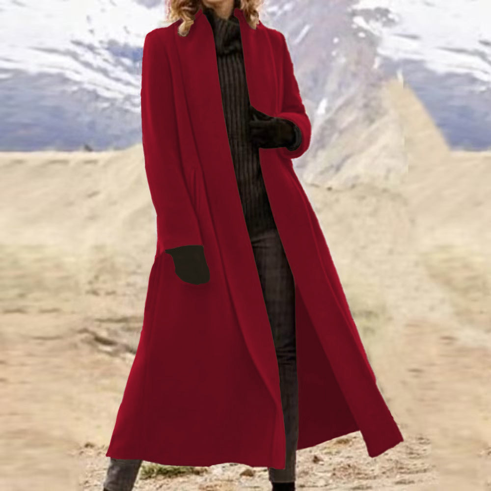 Women elegant long wool blend coat with open fall and side pockets Mune Fashion
