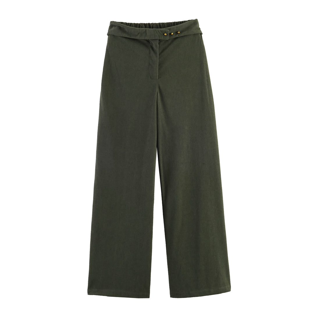 Women Wide Highwaist Pants with Turned-Up Waistband and Cord Look Mune Fashion