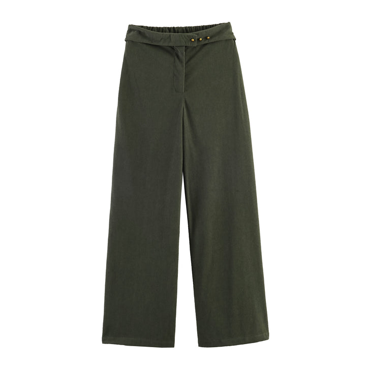 Women Wide Highwaist Pants with Turned-Up Waistband and Cord Look Mune Fashion