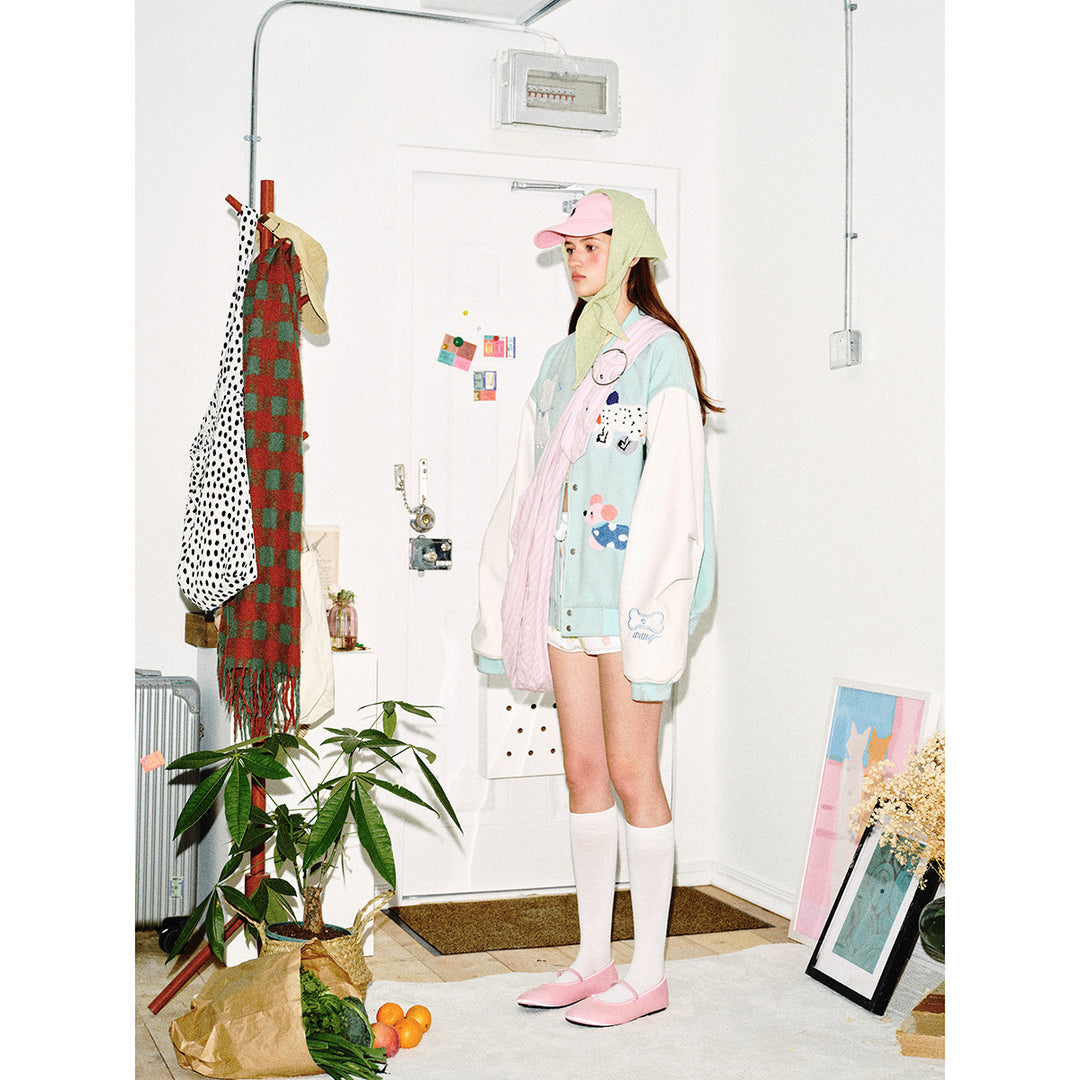 Women's Playful Bomber Jacket with Chenille Applications and Contrast Sleeves Mune Fashion