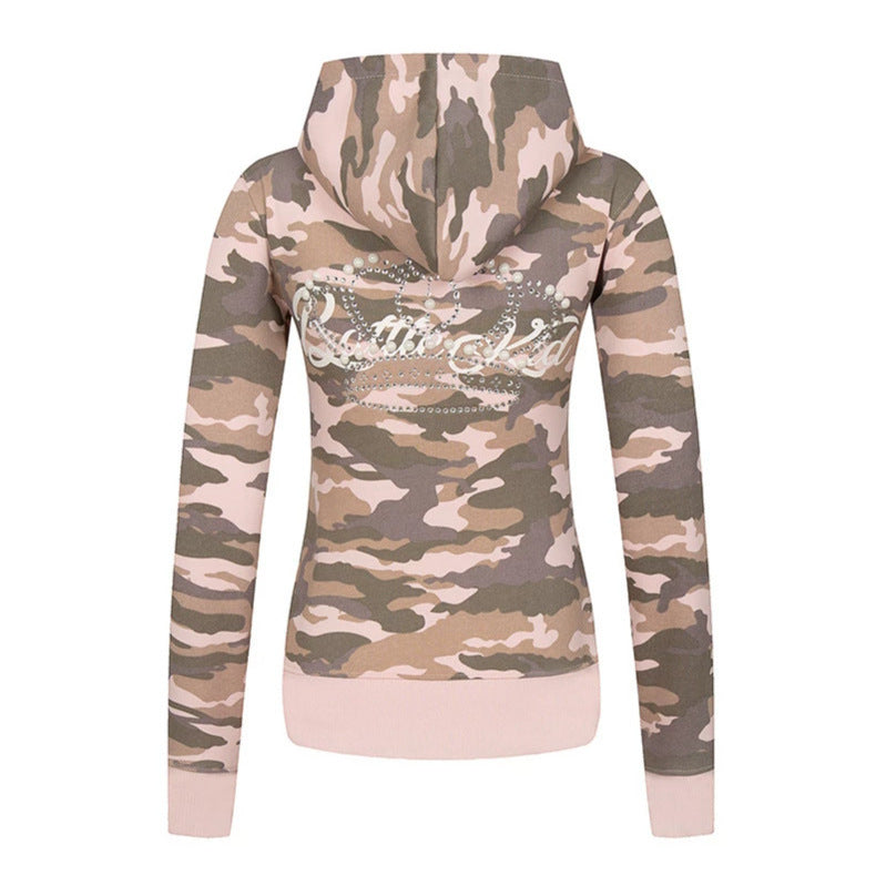 Women's hoodie sweatshirt jacket with two-way zipper, camouflage print and rhinestone butterfly Mune Fashion