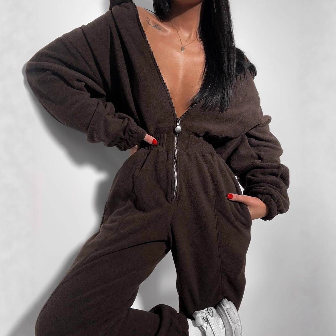 Women's hooded jumpsuit with fitted drawstring, full-length zipper and cuffs