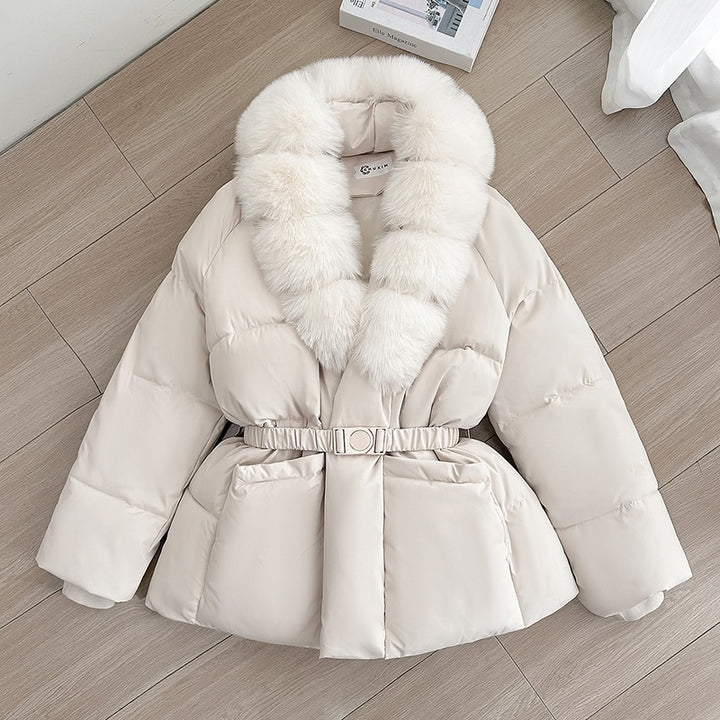 Women Tailored Short Quilted Jacket with voluminous Shawl Collar made of Faux Fur and Decorative Belt Mune Fashion