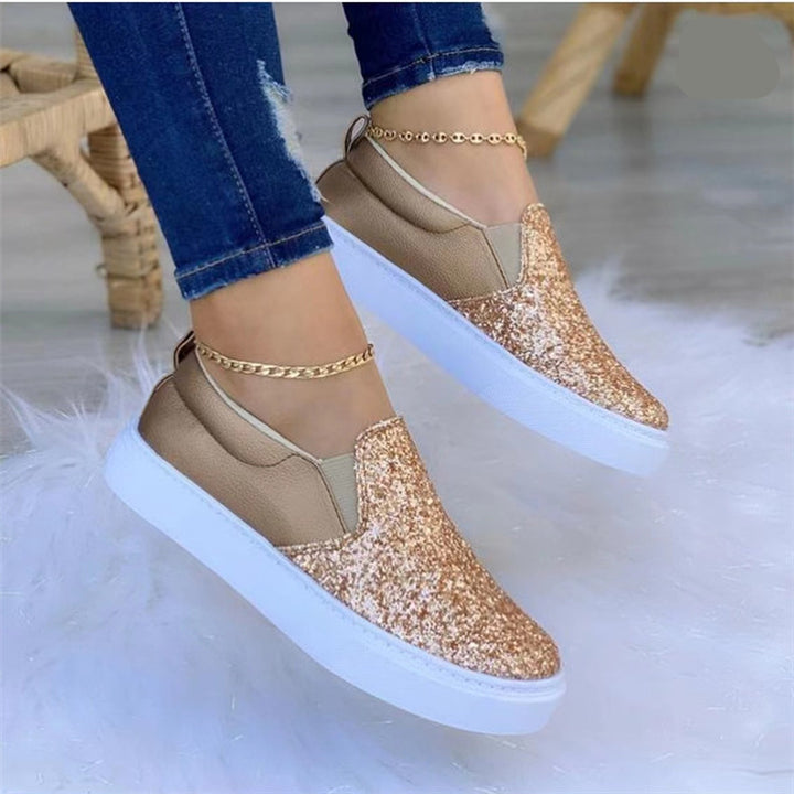 Women Slip-On Platform Sneaker with Glitter Front, Padded Heel Area and White Profile Sole Mune Fashion
