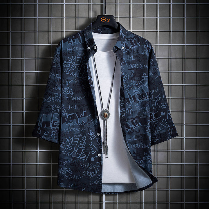 Men's loosely cut short-sleeve overshirt with allover graphic print and shirt collar Mune Fashion