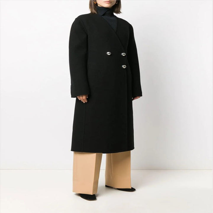 Women's Single-breasted Midi Coat in Clean-Tailoring with Subtle Metal Buttons and Tailored Seam Mune Fashion