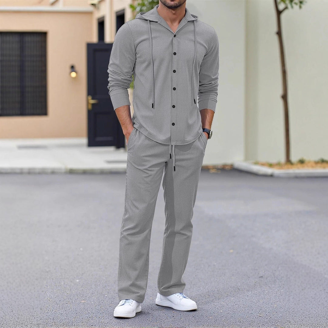 Men's casual two-piece lounge set with hoodie shirt, full button placket, and drawstring pants Mune Fashion