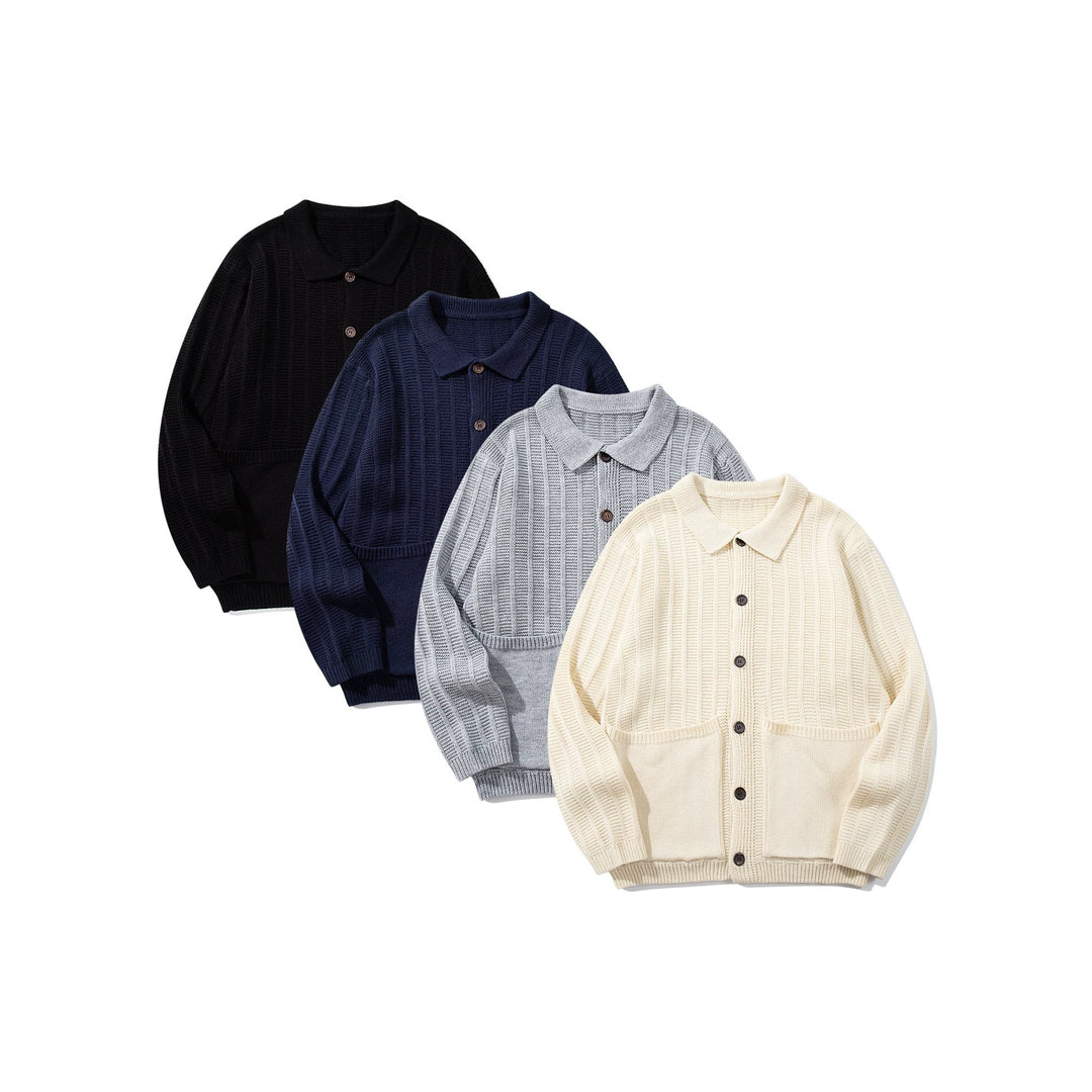 Unisex Textured Knit Cardigan with Shirt Collar and Patch Pockets Mune Fashion