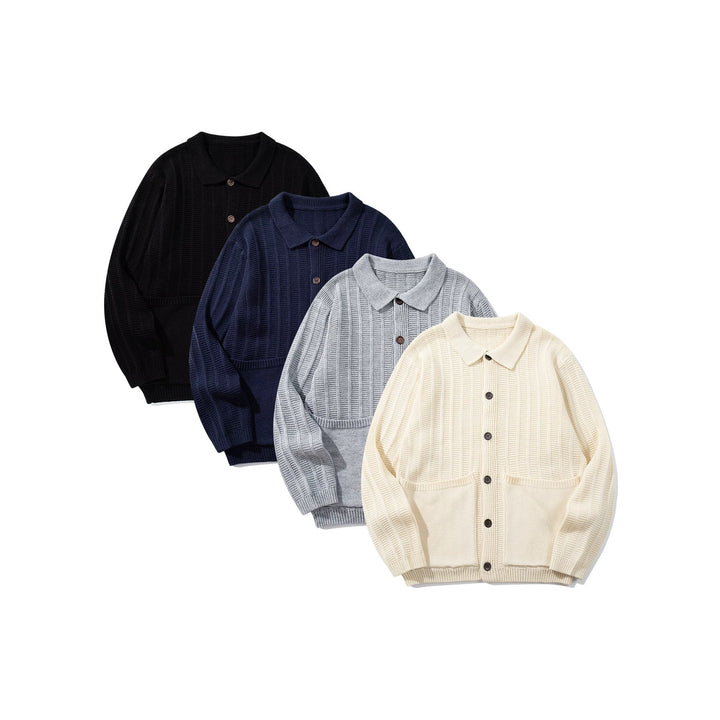 Unisex Textured Knit Cardigan with Shirt Collar and Patch Pockets Mune Fashion