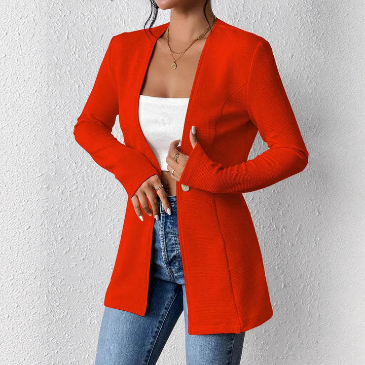 Ladies Tailored Long Blazer with V-Neck and One-Button Closure Mune Fashion