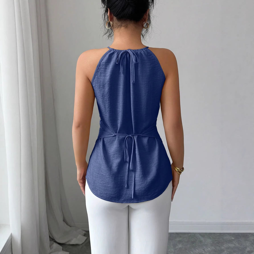 Women Sleeveless Twist Neck Tops with Wooden Beads and Asymmetric Hem Mune Fashion