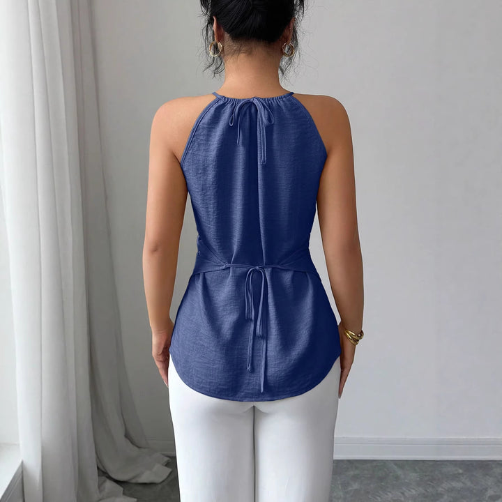 Women Sleeveless Twist Neck Tops with Wooden Beads and Asymmetric Hem Mune Fashion
