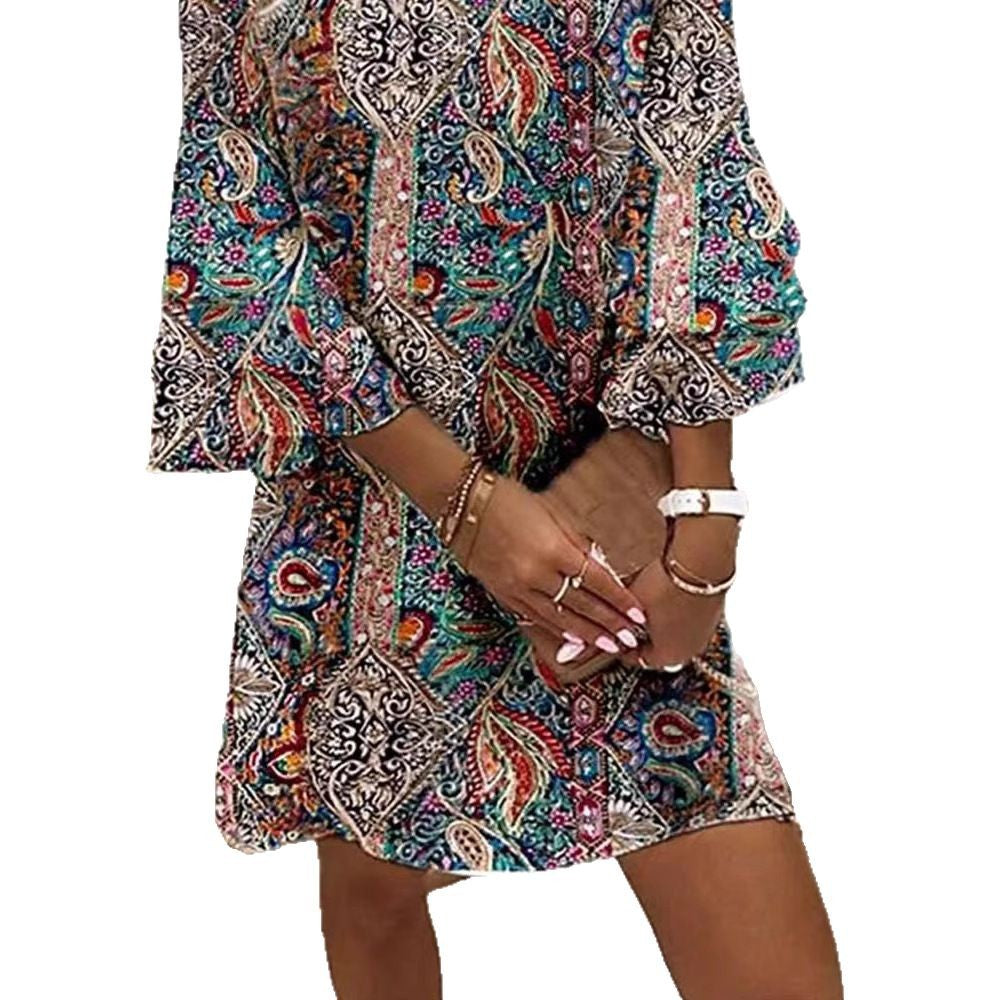 Women's Boho Paisley Tunic Dress with V-Neck and Three-Quarter Bell Sleeves Mune Fashion