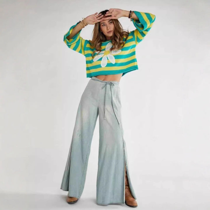 Women's Fashion Striped Crop Sweater with Floral Pattern