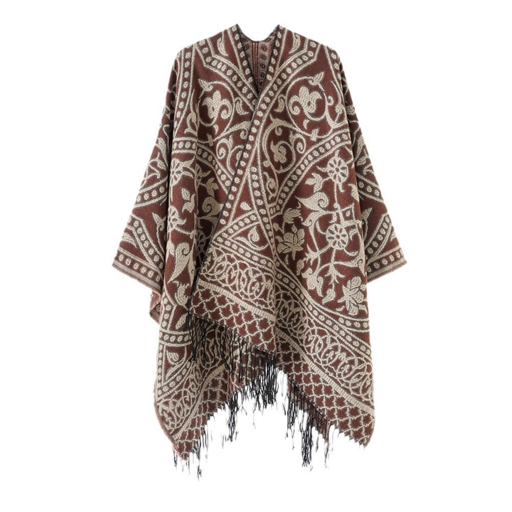 Women’s jacquard poncho with oriental ornament pattern and fringe hem Mune Fashion