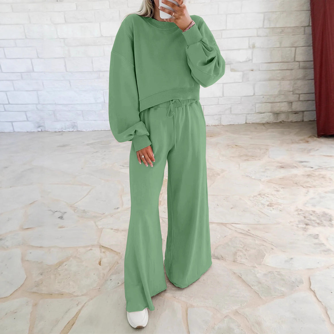 Women's Short Sweater and Palazzo Pants Lounge Set with Balloon Sleeves Mune Fashion